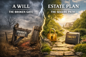 A graphic that describes a "Will" as a broken gate leading to probate court, while an "Estate Plan" with a trust is a secure path. 