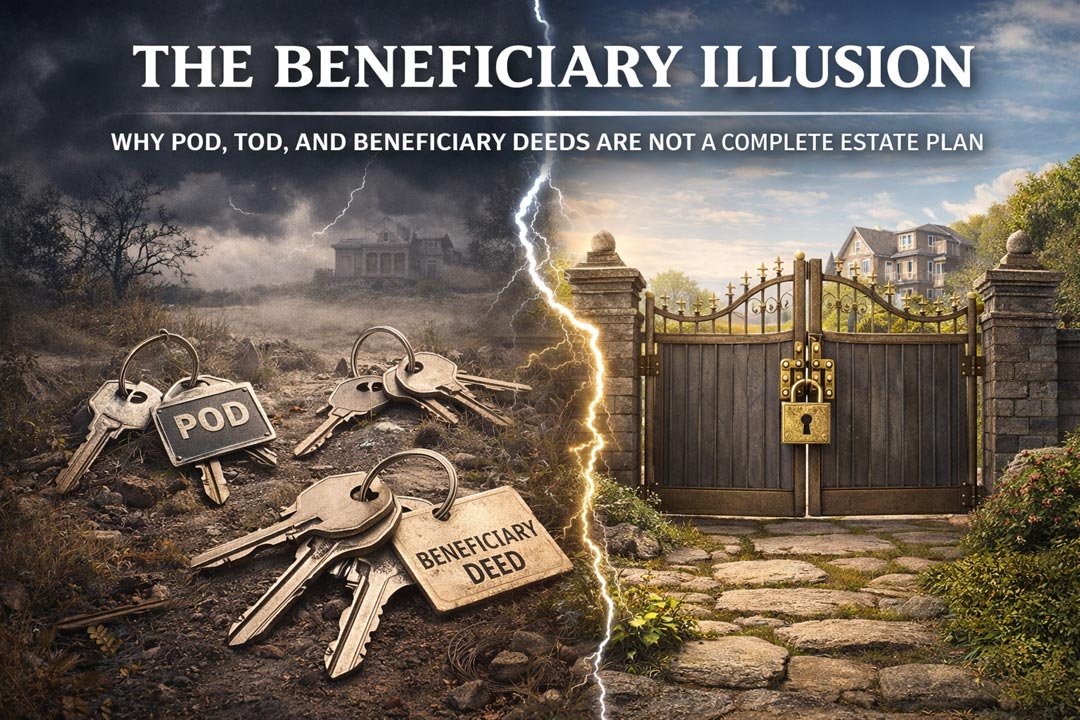 Keys on the ground labeled POD and Beneficiary Deed on the left compared to a locked gate on the right Keys on the ground labeled POD and Beneficiary Deed on the left compared to a locked gate on the right.