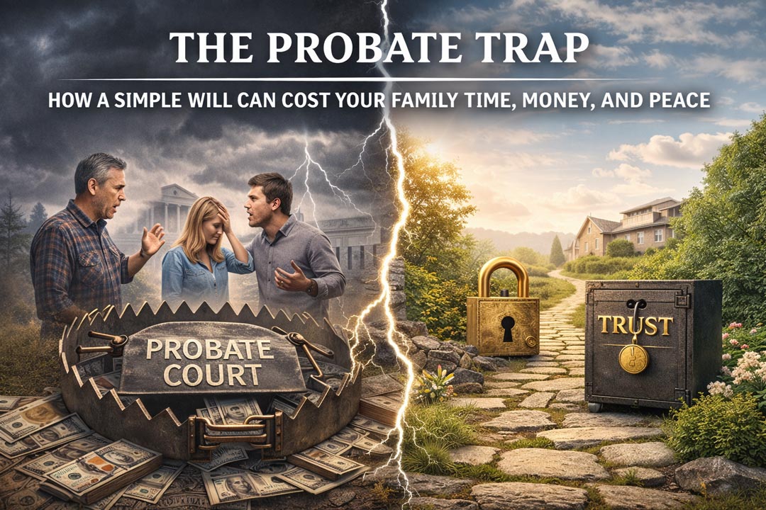 People fighting in front of a bear trap with money and labeled Probate Court People fighting in front of a bear trap with money and labeled Probate Court.
