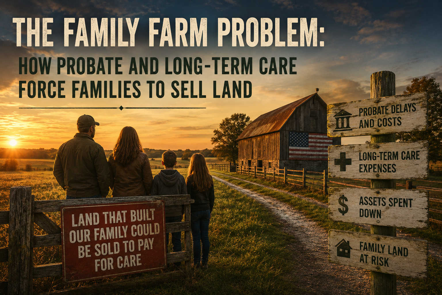 Family standing on an Ozarks farm at sunset with headline about probate and long-term care forcing families to sell inherited land.